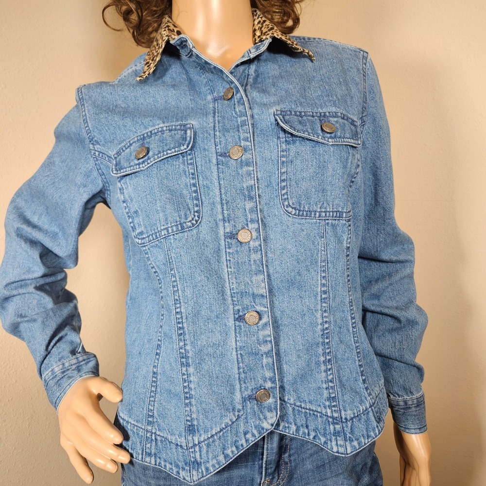 Villager Sport Liz Claiborne Vintage Denim Jacket Blue Leopard Print Collar Med